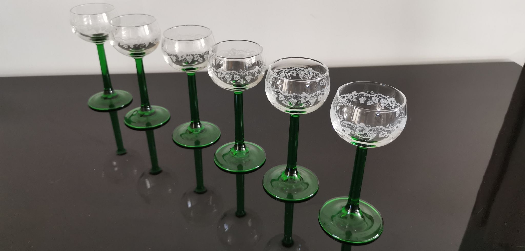 6 Vintage Alsace wine glasses with green feet decorations Bunches of Grapes and Vines