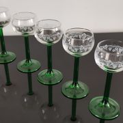 6 Vintage Alsace wine glasses with green feet decorations Bunches of Grapes and Vines