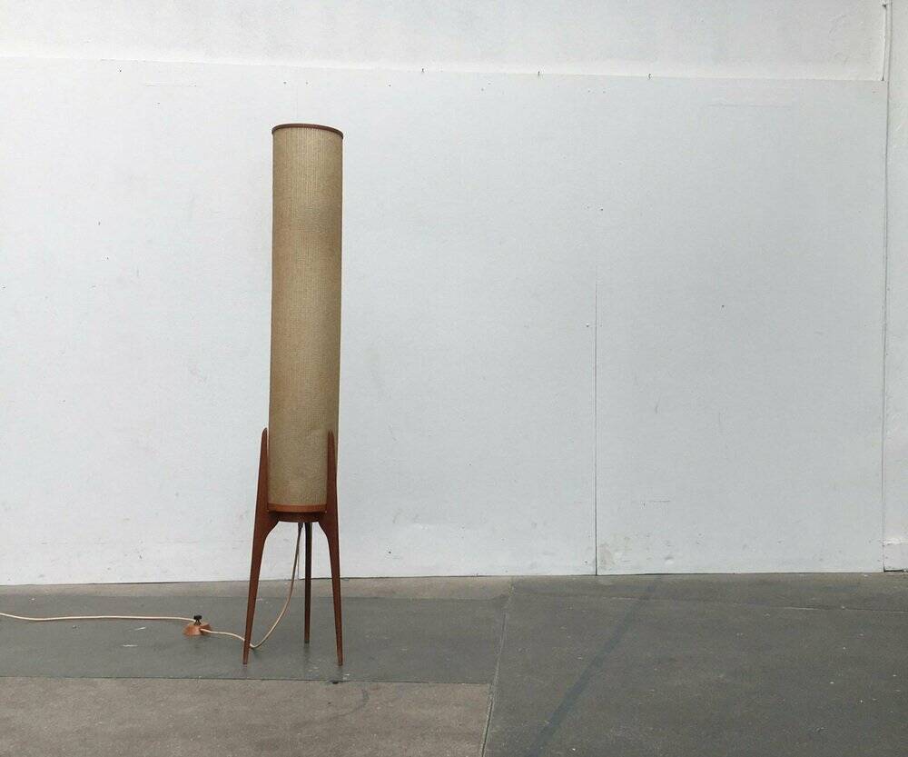 Mid-century tripod rocket floor lamp in teak, 1960s.
