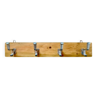 Vintage solid wood wall coat rack - 4 cast aluminum hooks