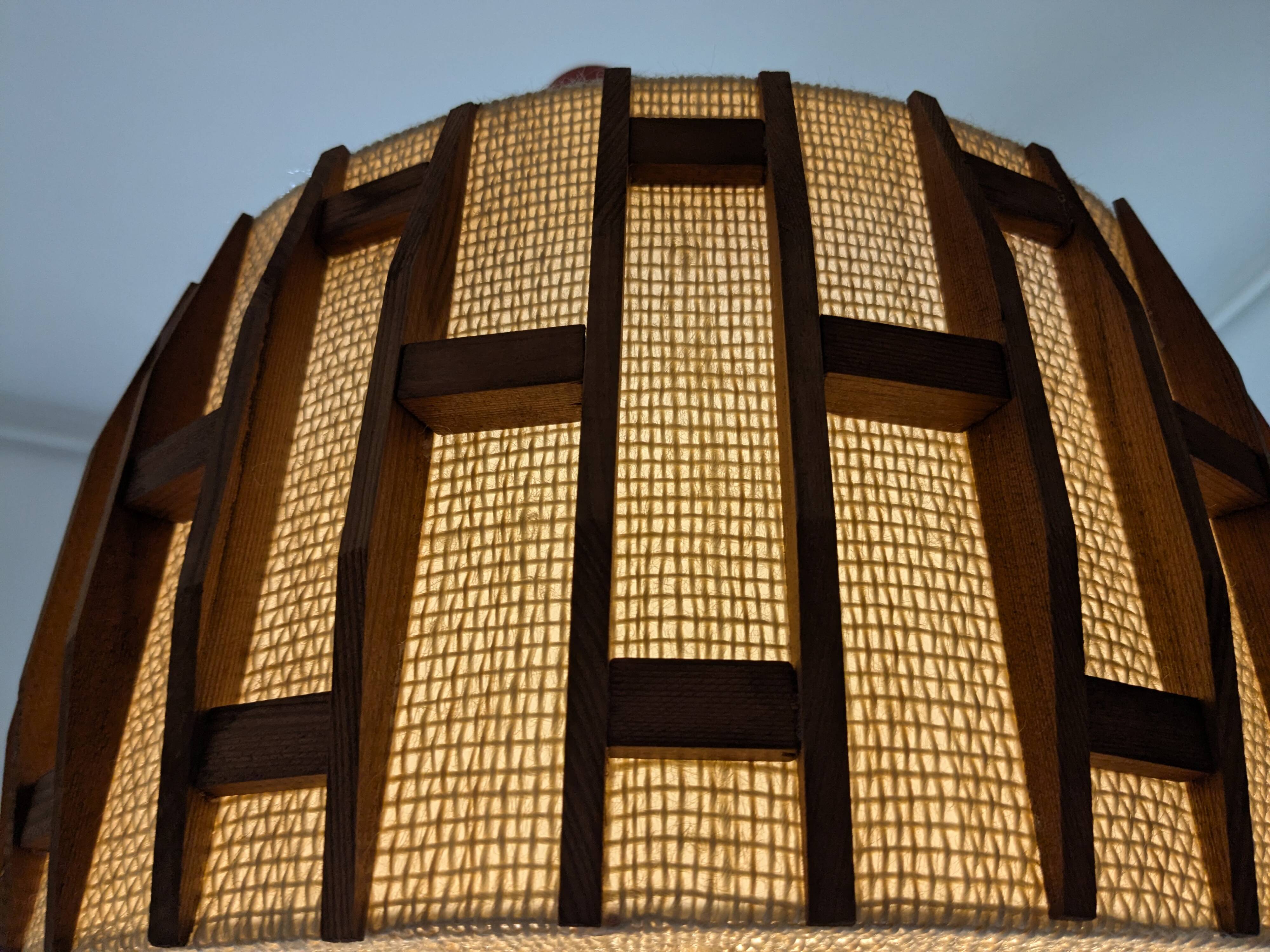 Pair of Scandinavian wooden and fabric pendant lights from the 60s