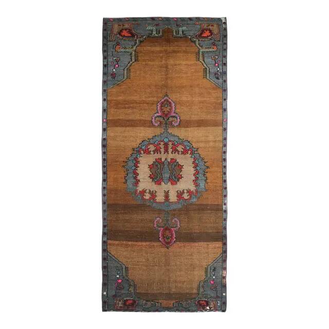1970s Vintage Turkish Oushak Handmade Wool Cotton Brown Runner Rug 178x448