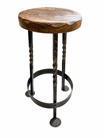Vintage brutalist stool made of solid wood and twisted wrought iron – loft style