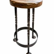 Vintage brutalist stool made of solid wood and twisted wrought iron – loft style
