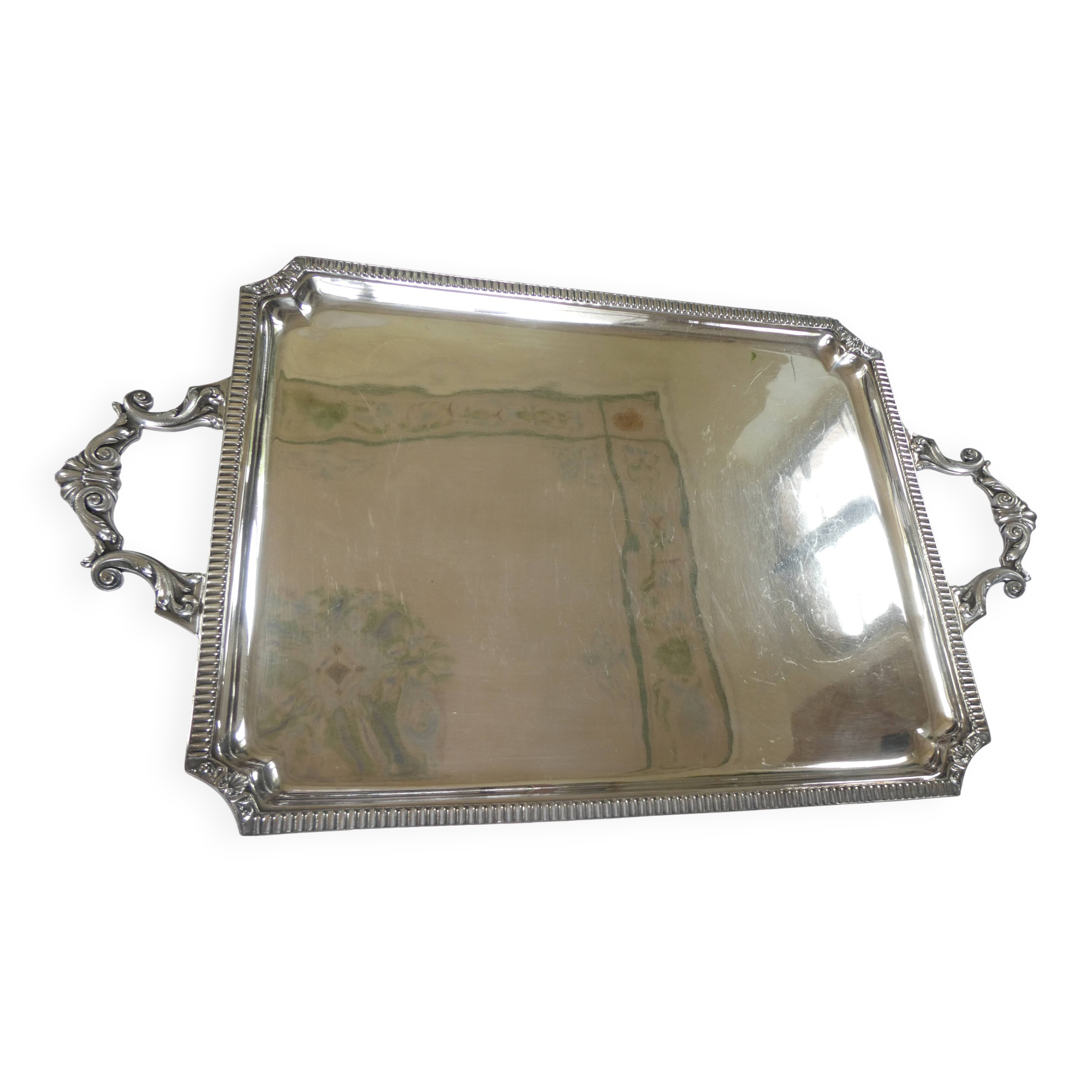 Large rectangular silver metal tray with handles Maison Wiskemann