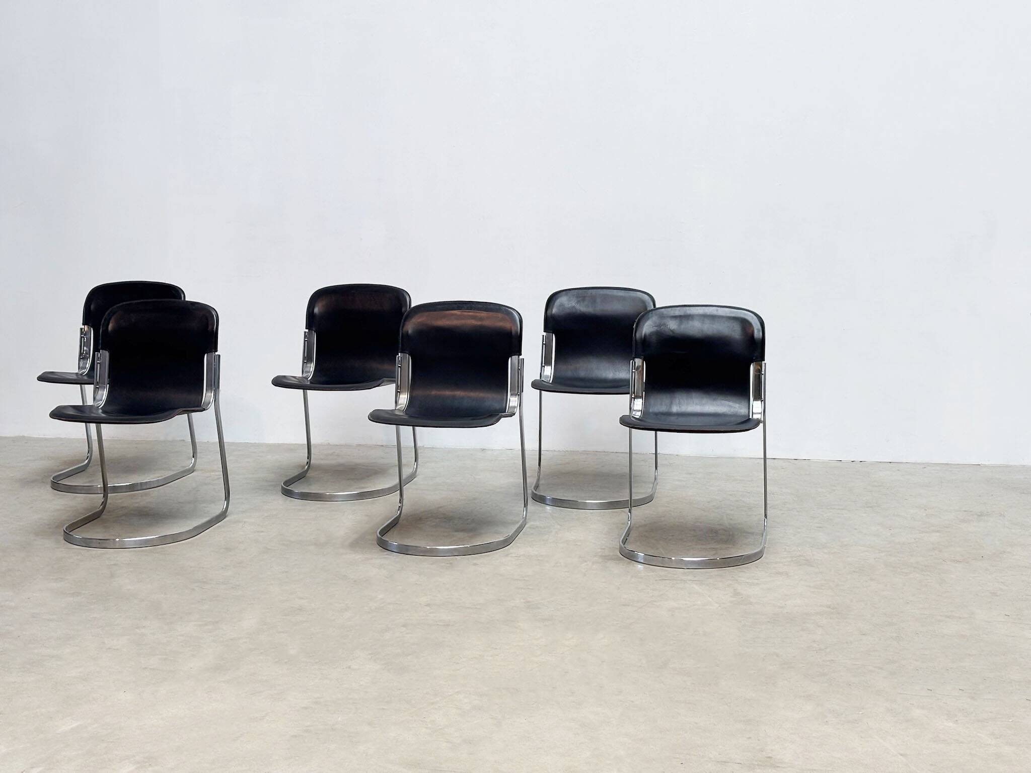 Set of six Willy Rizzo dining chairs in black leather