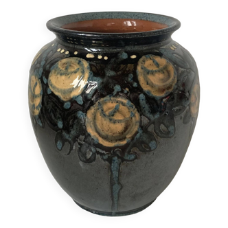 Beautiful ceramic vase with floral decoration by Paul Jacquet dating from the 1930s