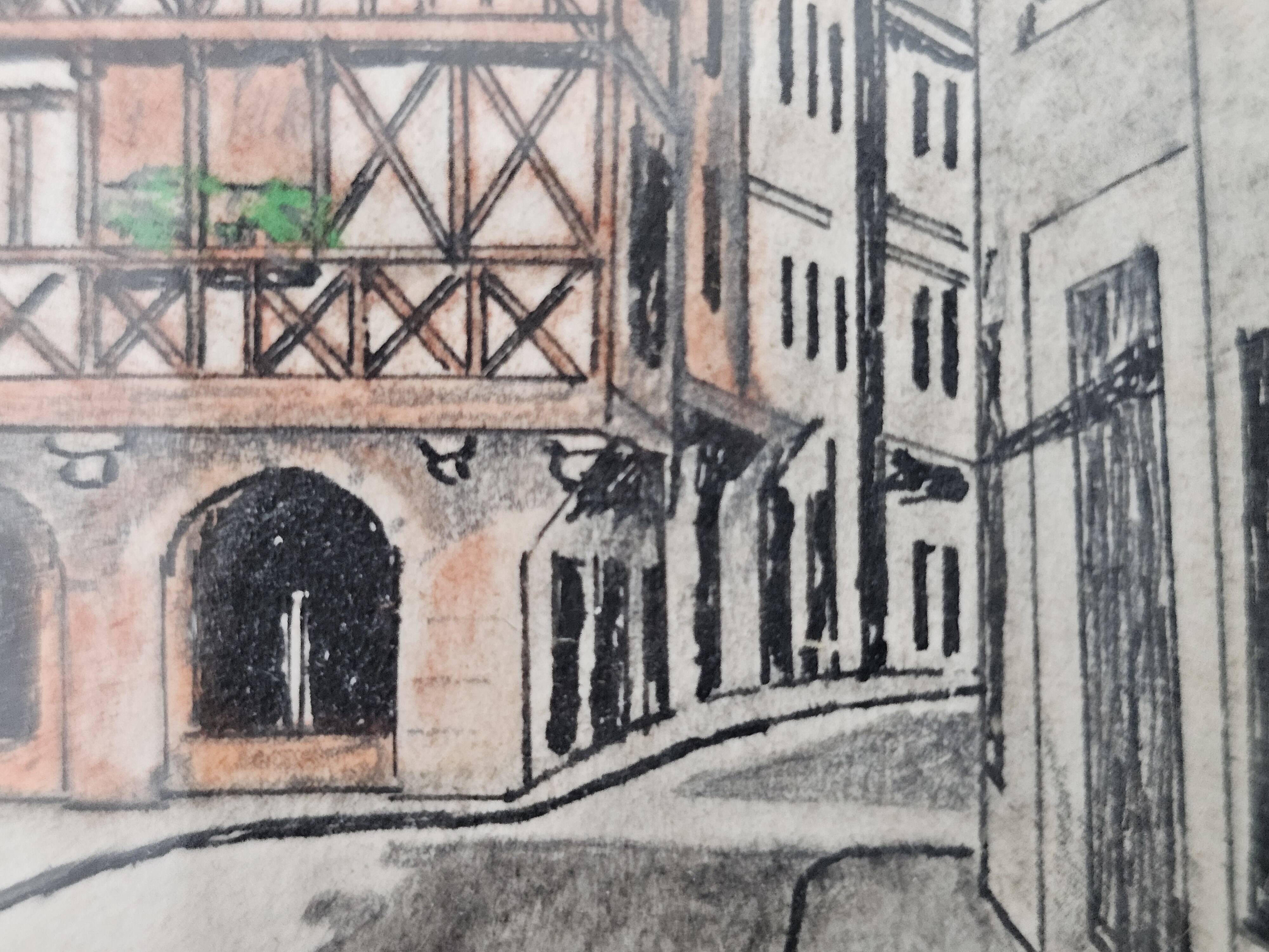 Tableau Encre de chine & pastel - Dijon Place des ducs - E Poinet