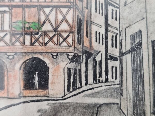 Tableau Encre de chine & pastel - Dijon Place des ducs - E Poinet