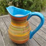 Striped ceramic pitcher, blue handle, Spanish craftsmanship, Ivanros