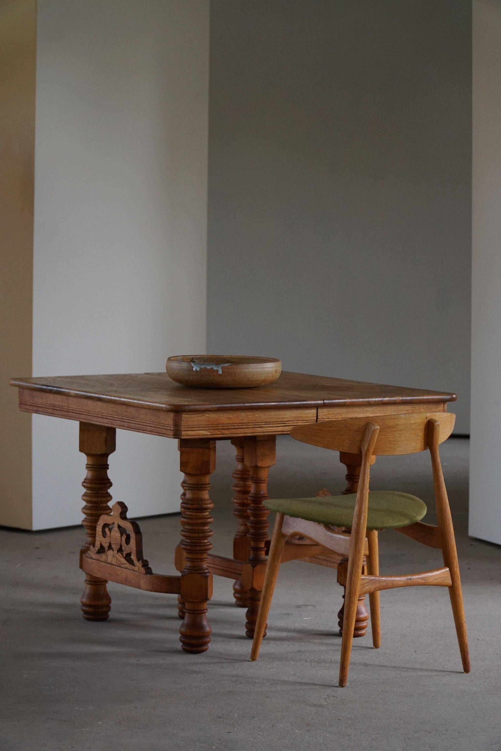 Square dining room/office table from the 19th century, baroque, Danish cabinetmaker.