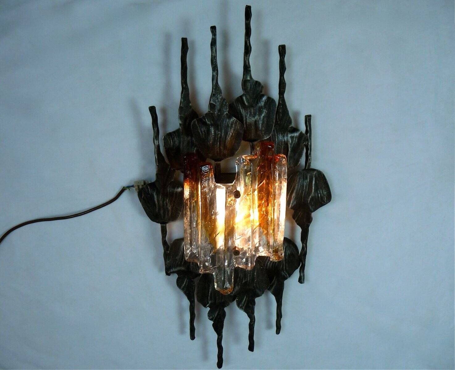 Large brutalist iron & ice Murano glass sconce / wall lamp, 1960s