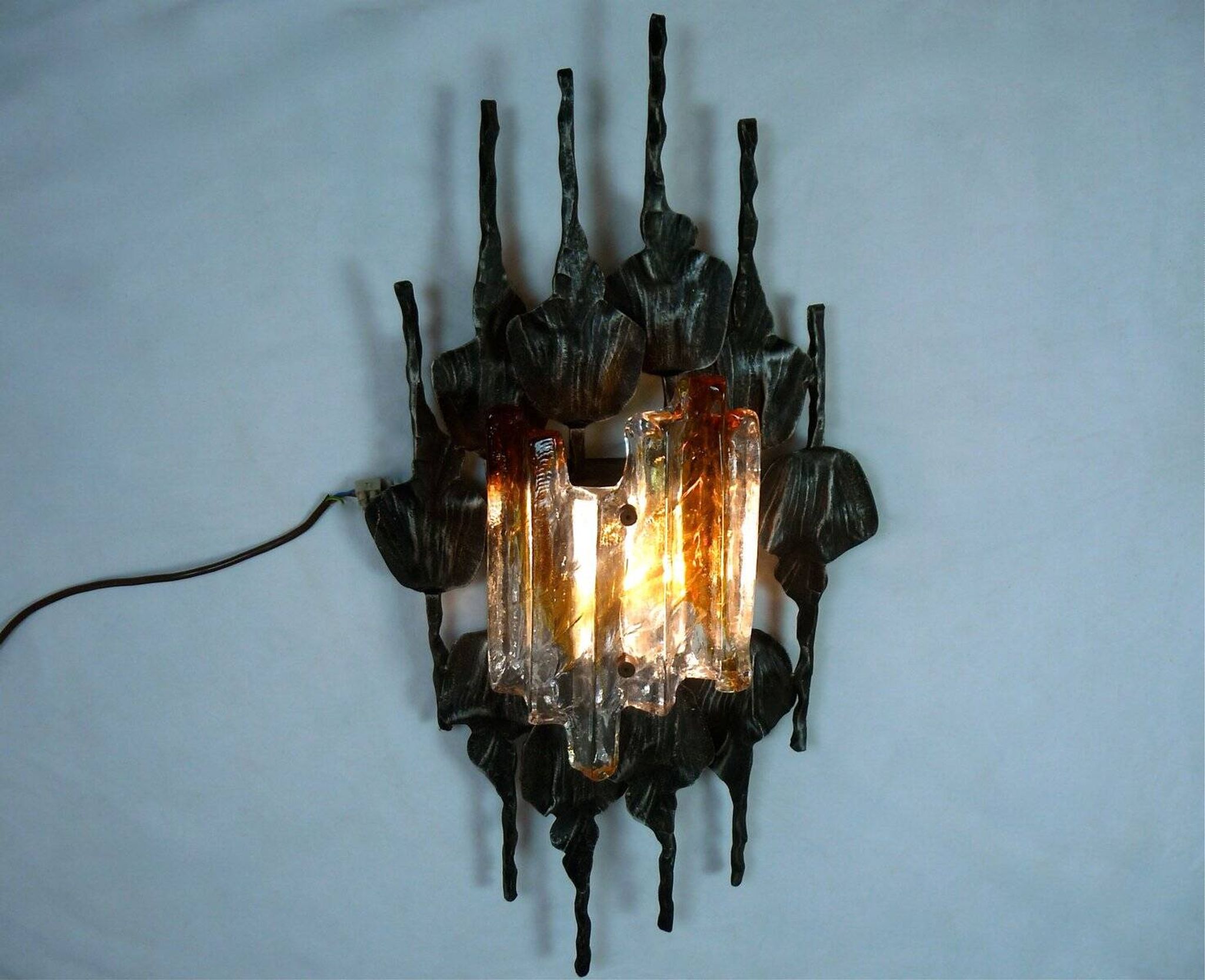 Large brutalist iron & ice Murano glass sconce / wall lamp, 1960s