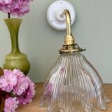 Elbow wall lamp with vintage holophane glass shade