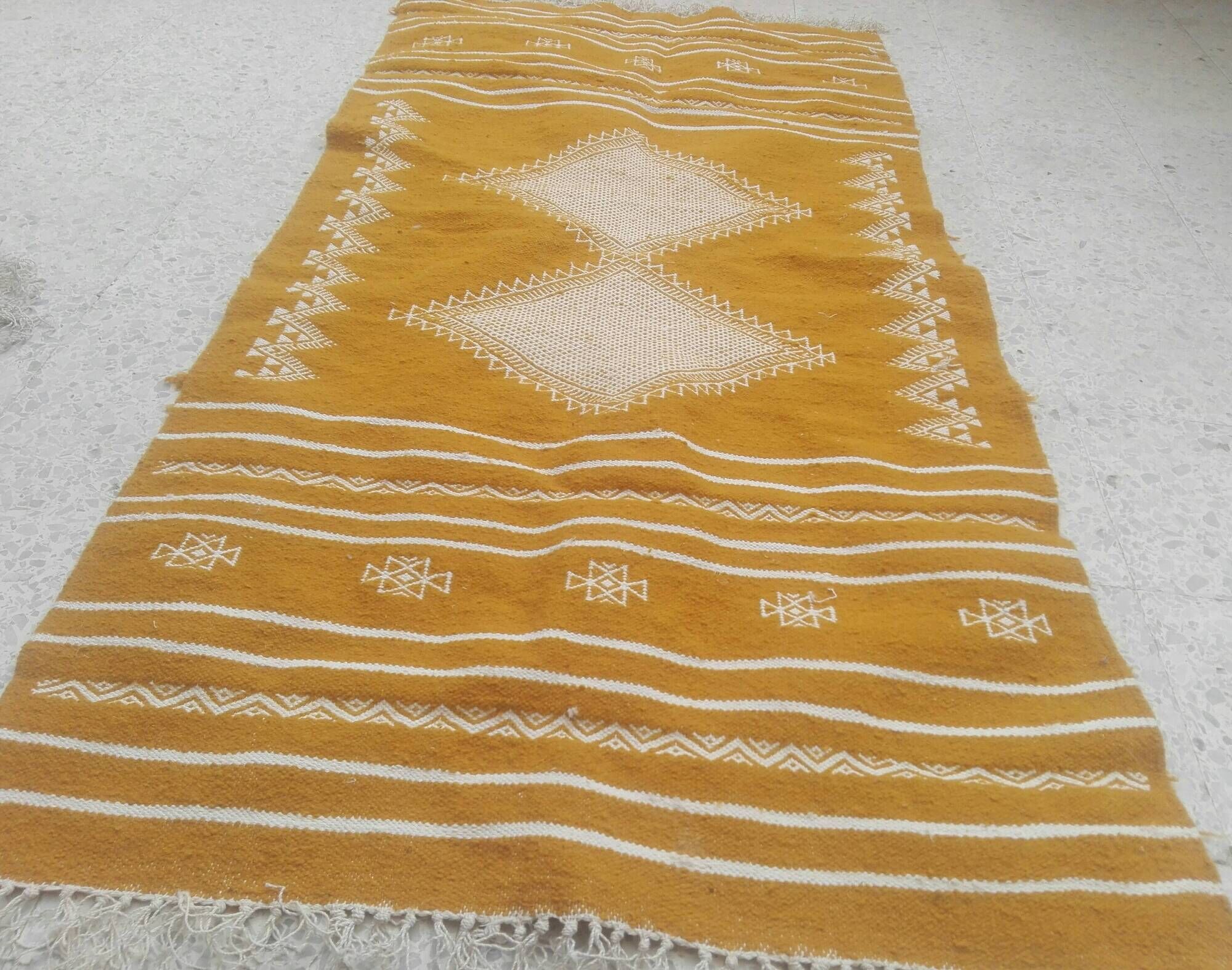 Pure wool handmade mustard and white Kilim rug 80x160cm