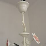 Vintage 3-light chandelier in pink and white metal and glass shaped like flowers, France.