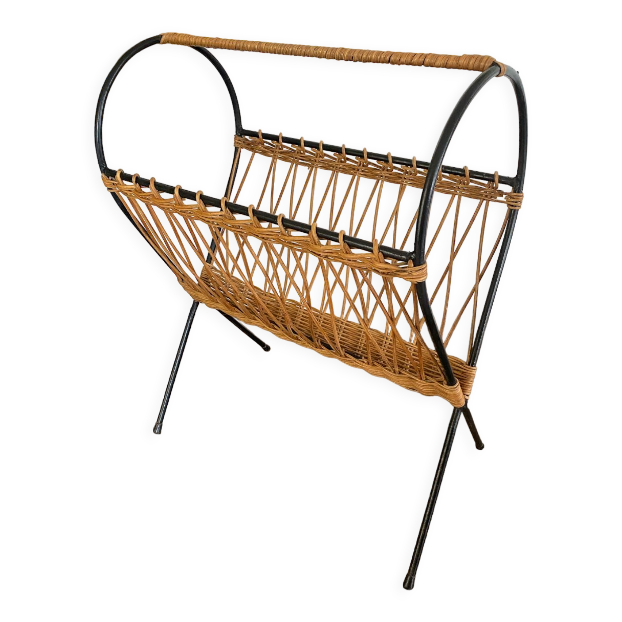 Rattan magazine holder, vintage wicker, rattan newspaper holder and wrought iron