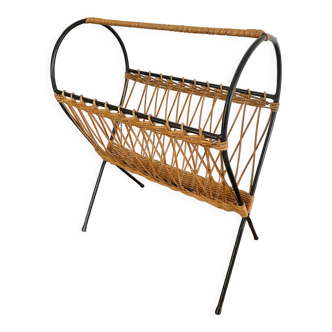 Rattan magazine holder, vintage wicker, rattan newspaper holder and wrought iron