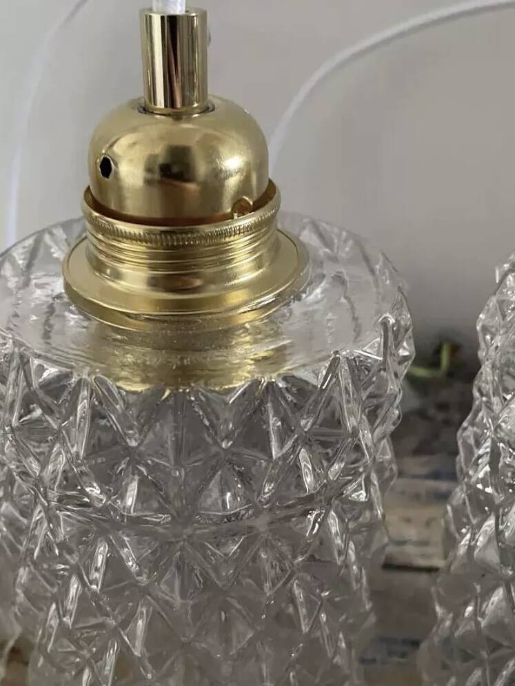 Set of two vintage chiseled glass pendant lights