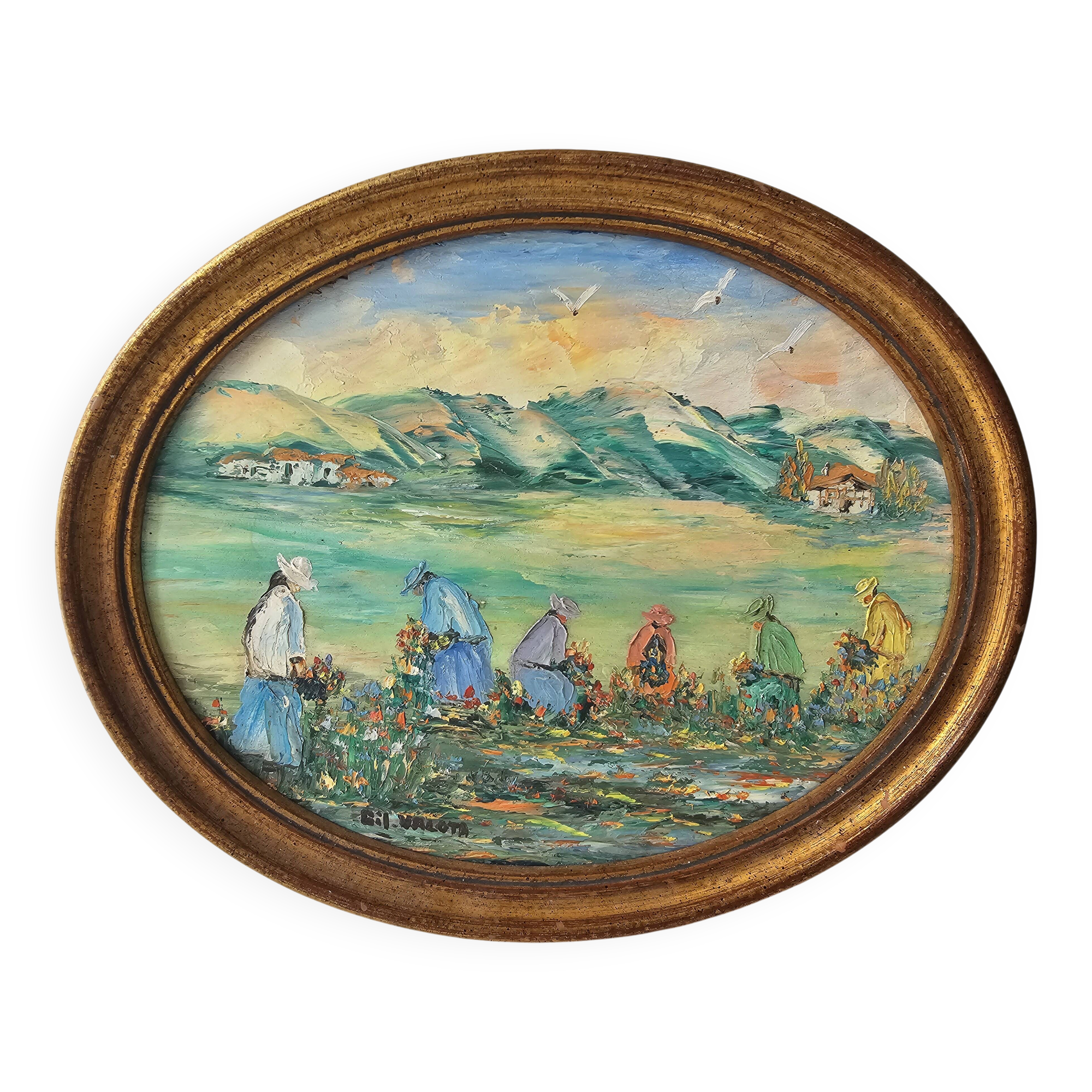 Oil Painting on Panel Landscape Flower Picking Pyrenees Gil Valota