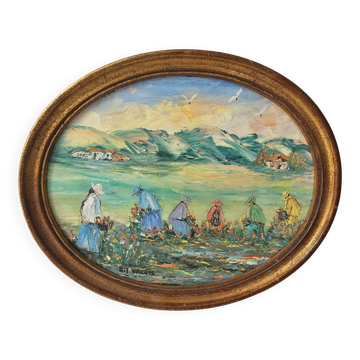 Tableau Huile sur Panneau Paysage Cueillette de fleurs Pyrénées Gil Valota