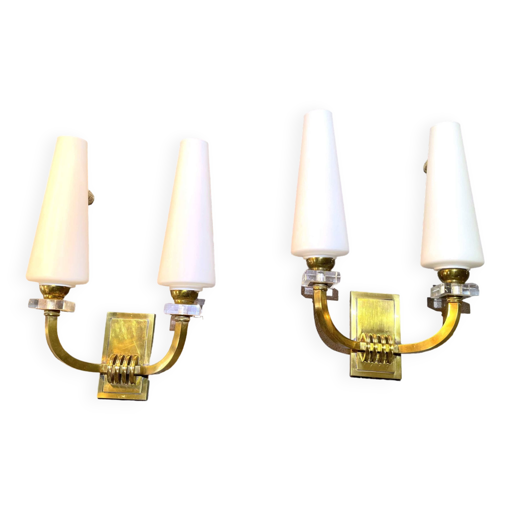 Pair of Art-Déco bronze & opaline sconces from Maison Lunel, France, 1950