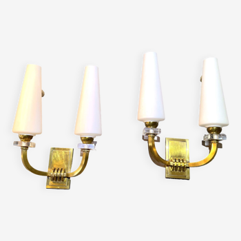 Pair of Art-Déco bronze & opaline sconces from Maison Lunel, France, 1950