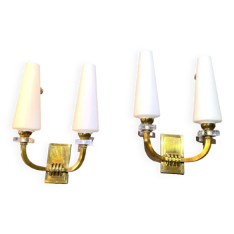 Pair of Art-Déco bronze & opaline sconces from Maison Lunel, France, 1950