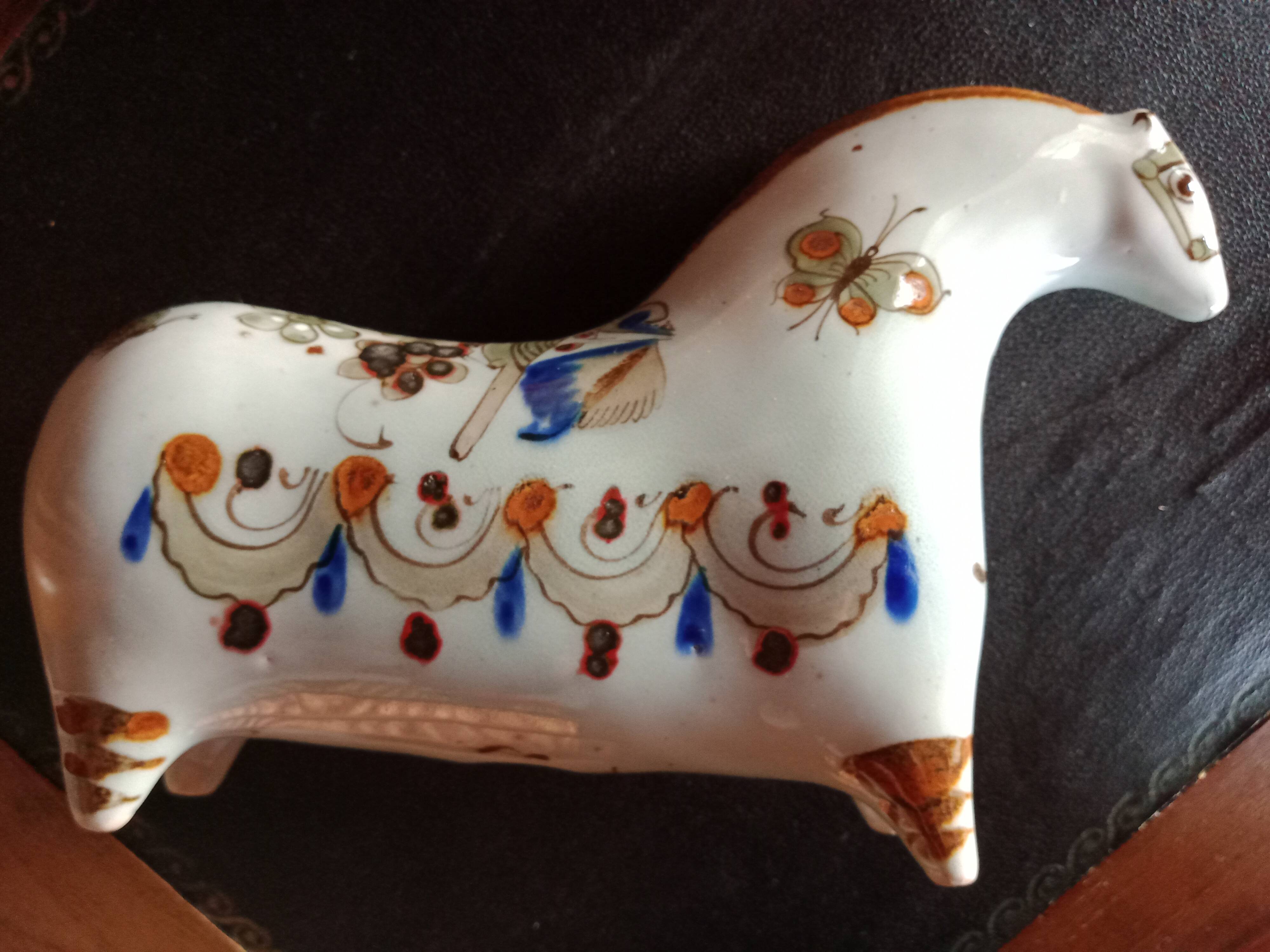 Ken edwards pottery - stylized horse decorated with butterfly flowers bird