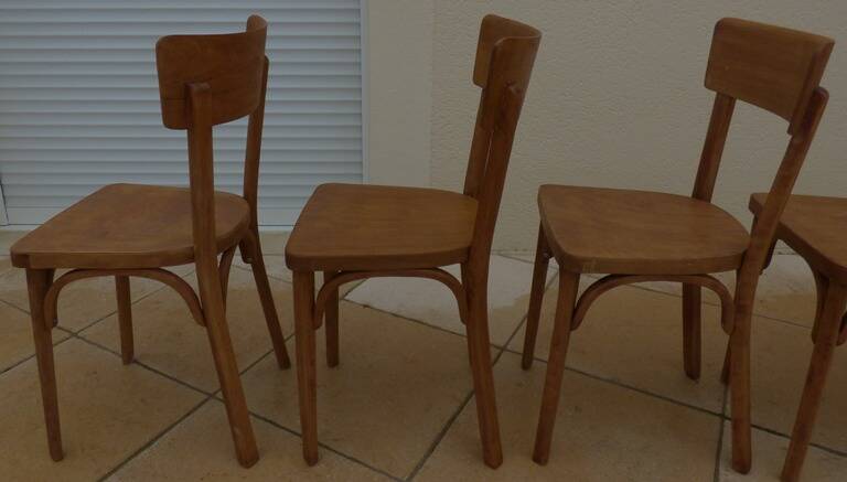 6 vintage Baumann wooden bistro chairs in their patina