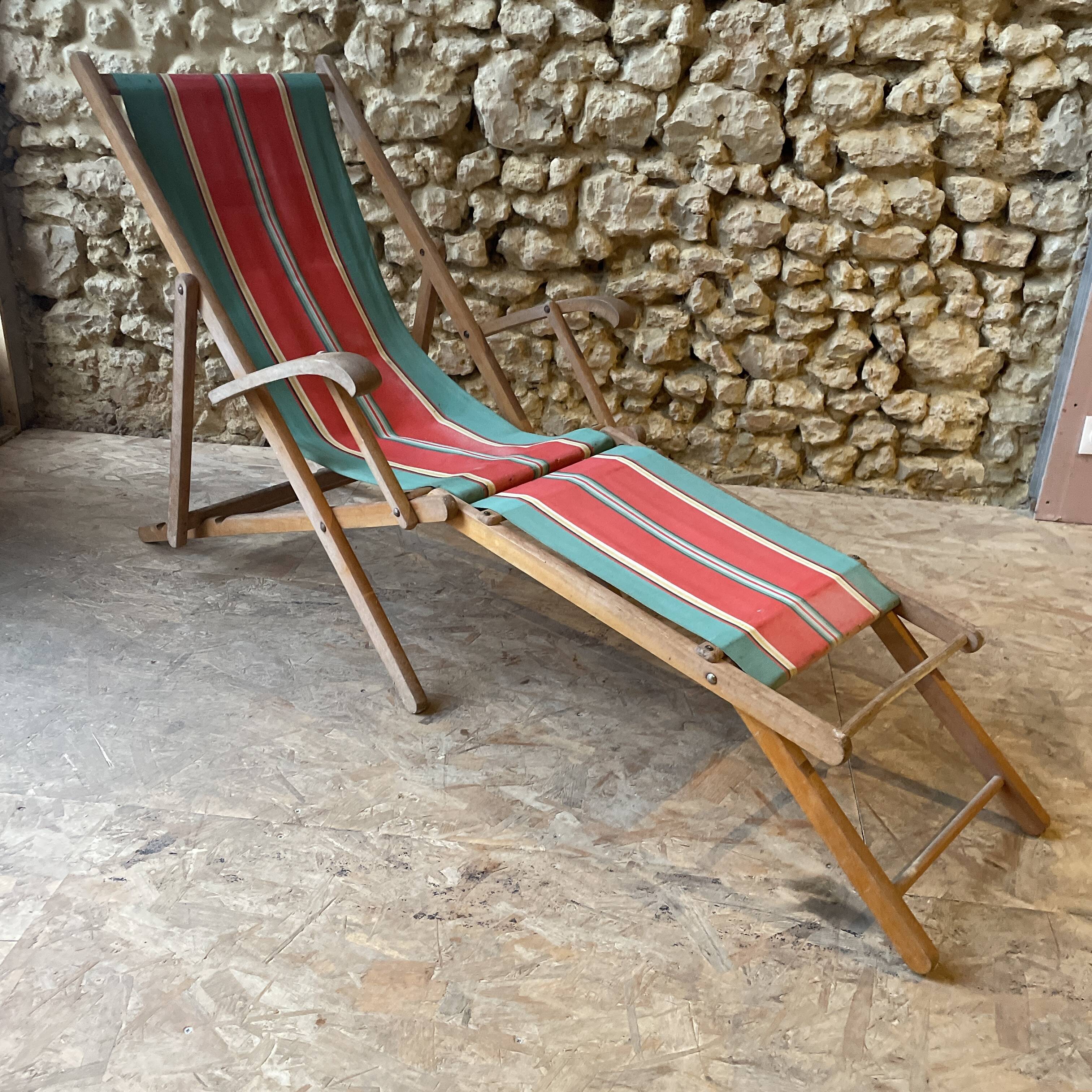 Red and green striped wooden deckchair