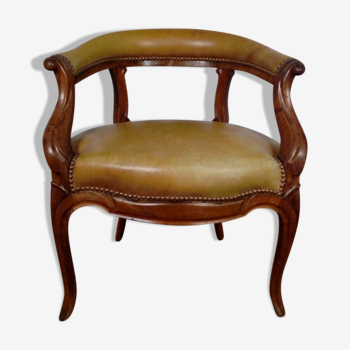 Fauteuil de bureau restauration Louis Philippe noyer et cuir 19eme