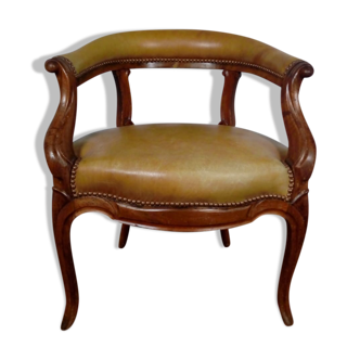 Fauteuil de bureau restauration Louis Philippe noyer et cuir 19eme