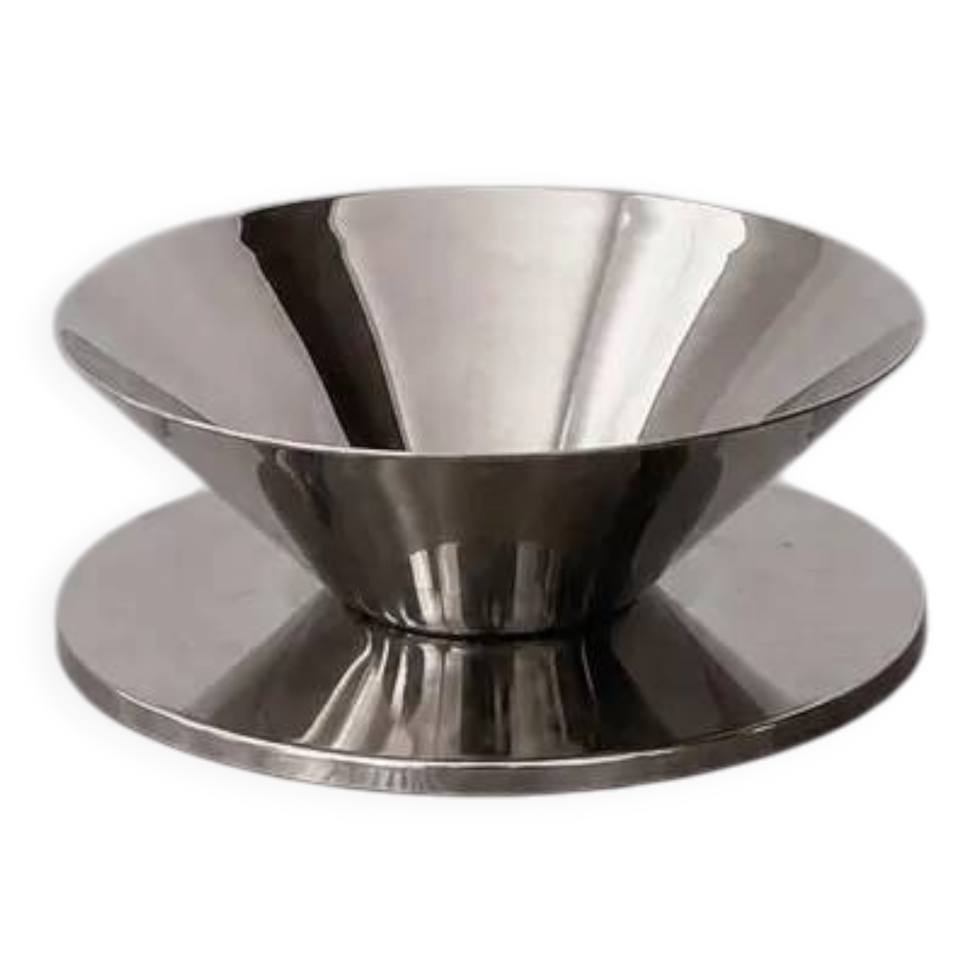 Vintage conical bowl in stainless steel, metal platter with a futuristic style, sculptural serving bowl Mid-Century Modern.