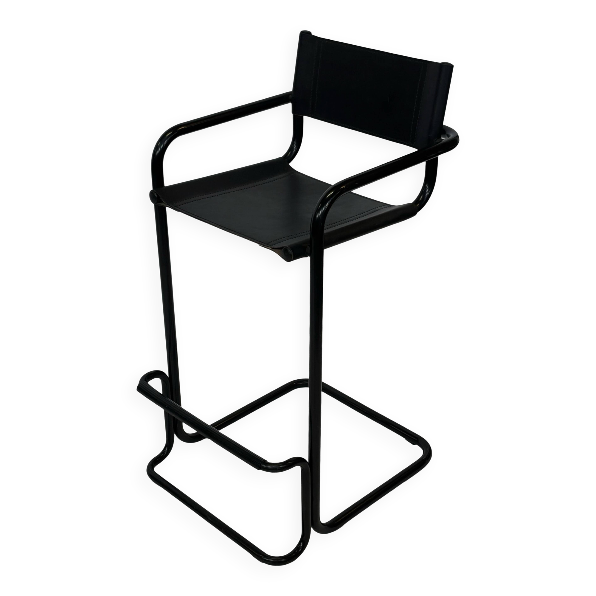 Vintage Black Leather & black frame Italian Modern Barstool