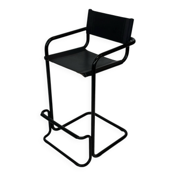 Tabouret de bar italien moderne vintage en cuir noir et cadre noir