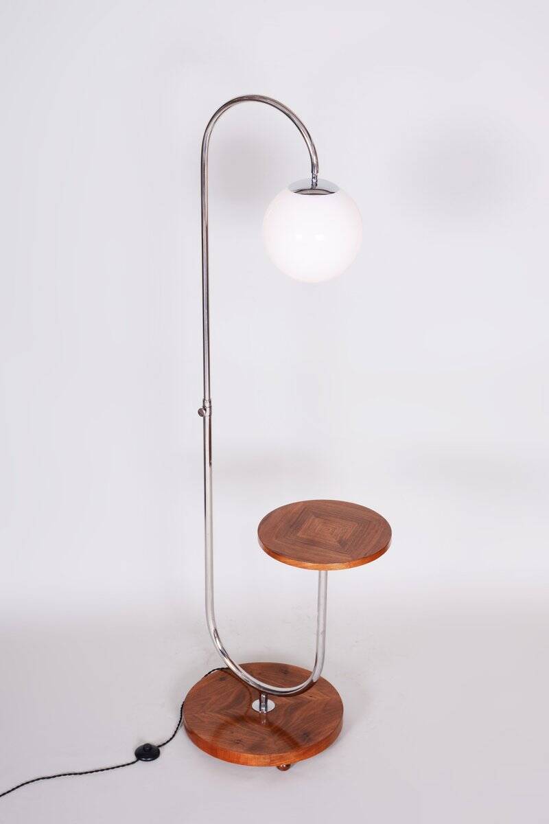 Bauhaus Adjustable Floor Lamp in Walnut and Chrome attributed to R. Slezák, Czech, 1930s