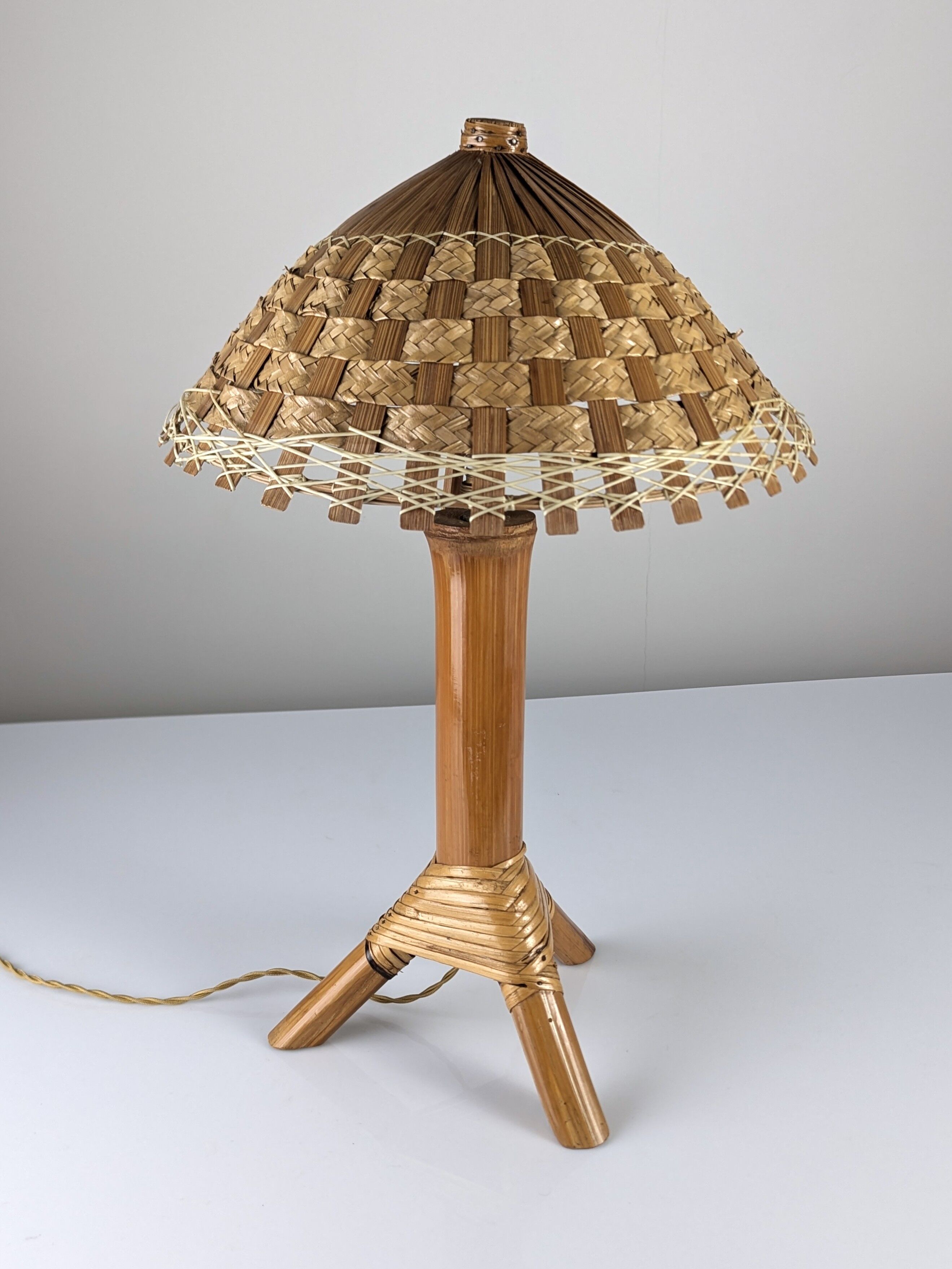 Bamboo and rattan table lamp with woven shade, 1950s