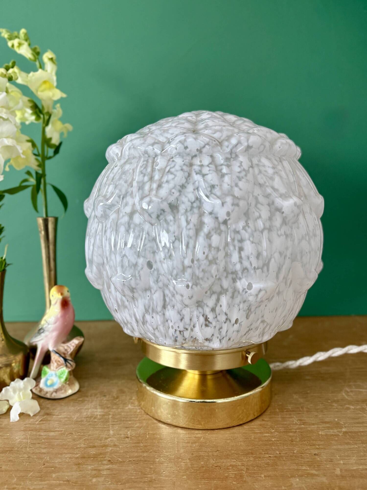 Vintage Art Deco globe table lamp in white Clichy glass