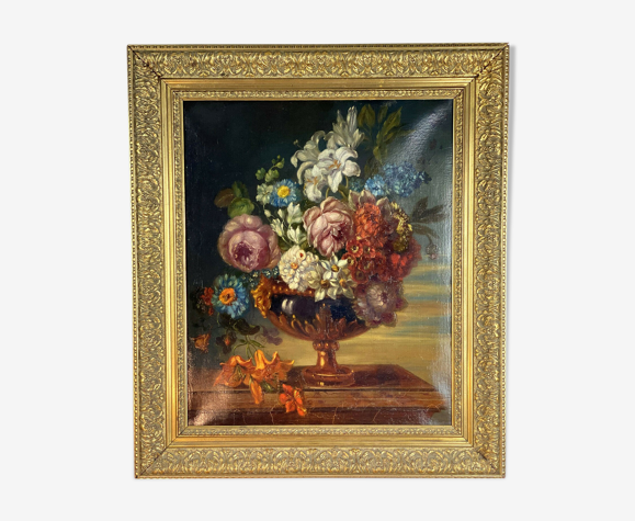 Tableau huile sur toile d'un vase fleuri posé sur une table XIXème