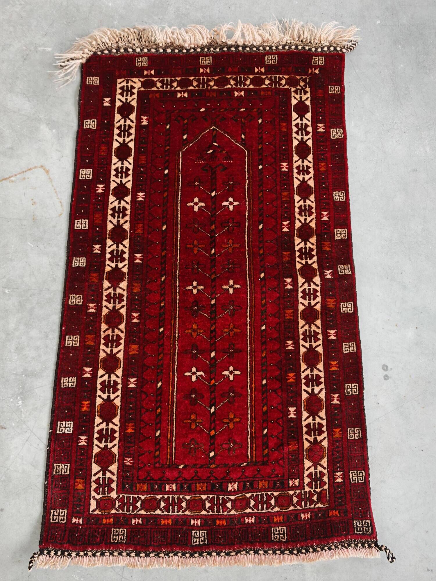 Vintage Afghan tribal prayer rug, hand-knotted from the 1950s.
