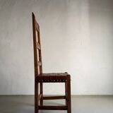 2 brutalist carved wood dining chairs with leather seat | The Netherlands | 1970s