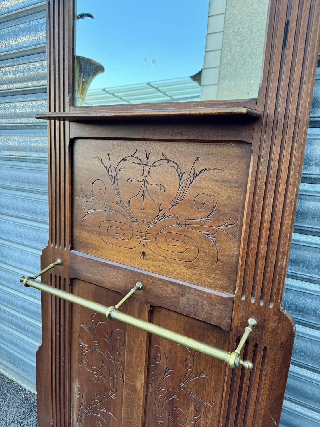 Antique hall coat rack – mirror, hooks & umbrella stand