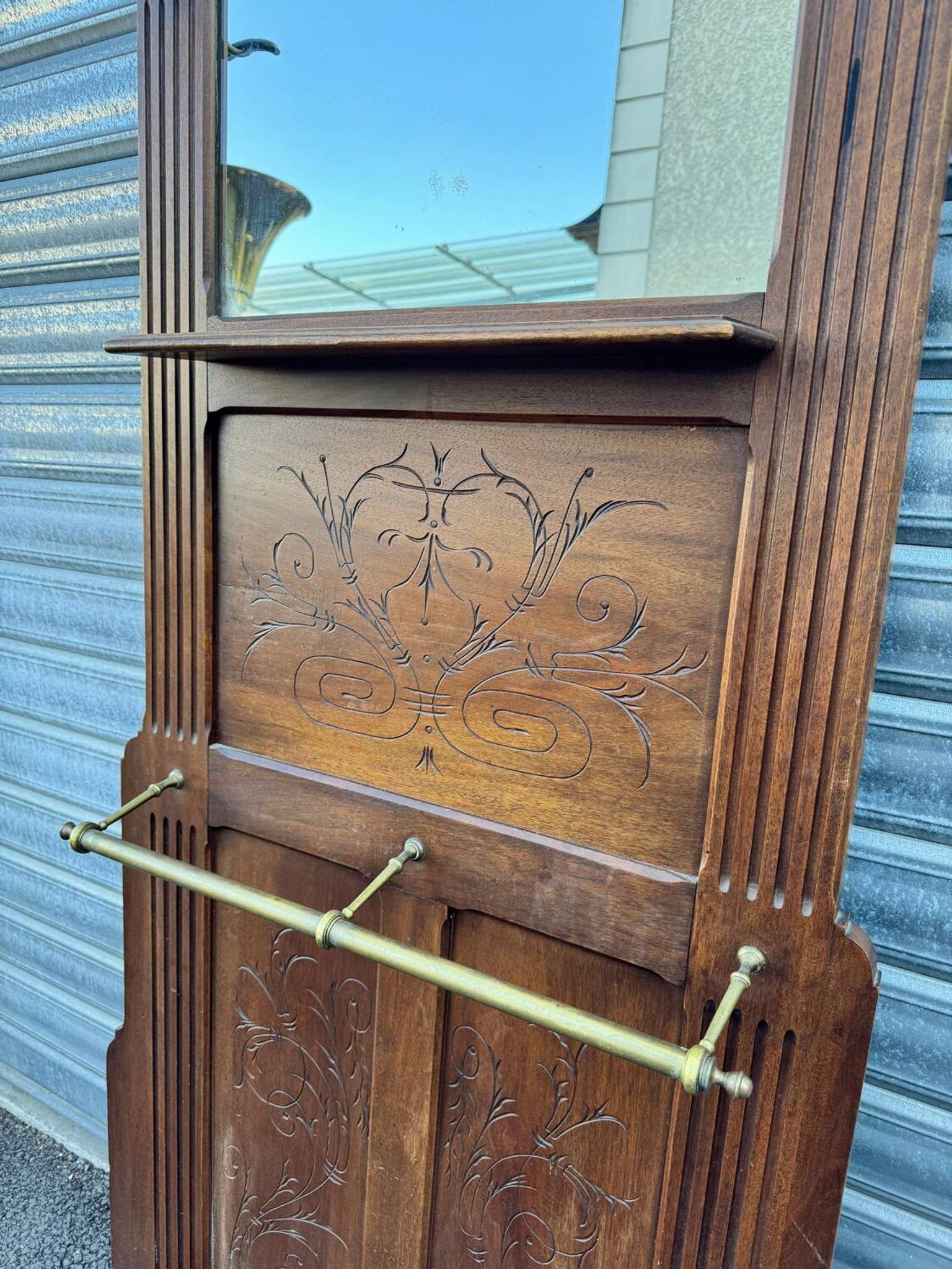 Antique hall coat rack – mirror, hooks & umbrella stand