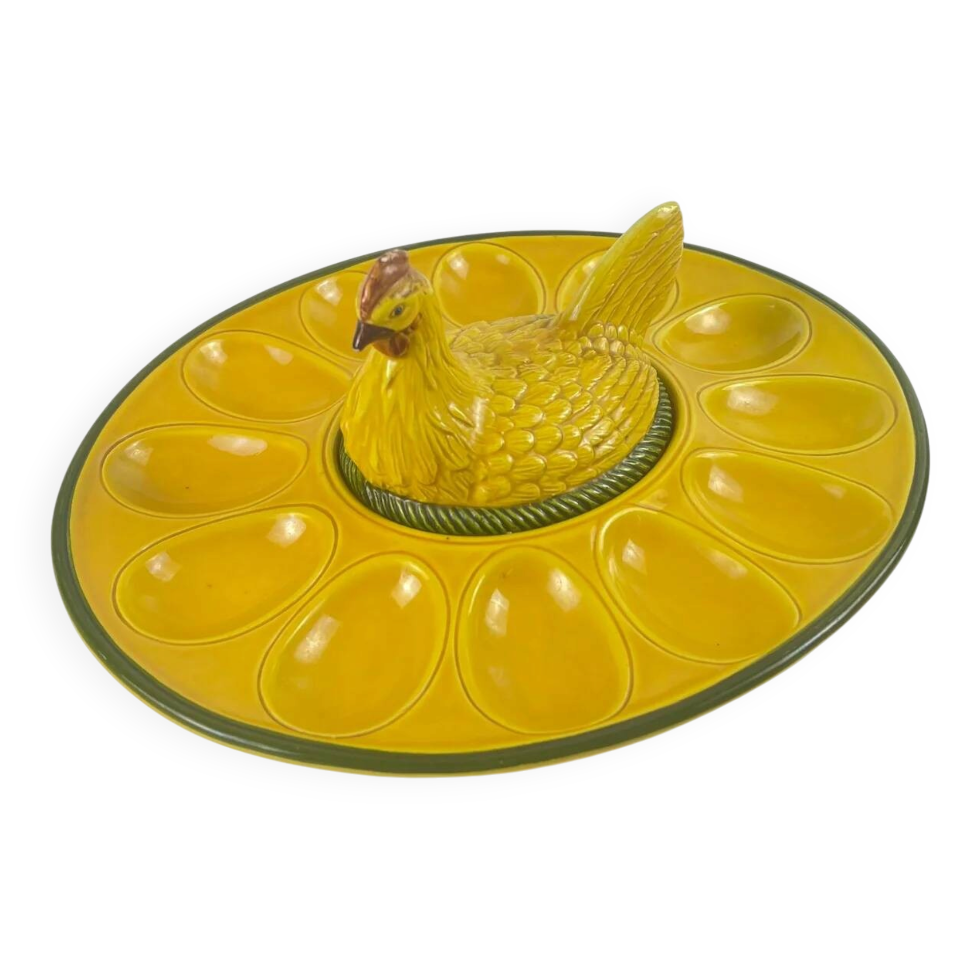 Ceramic yellow egg plate/display with hen, 20th century