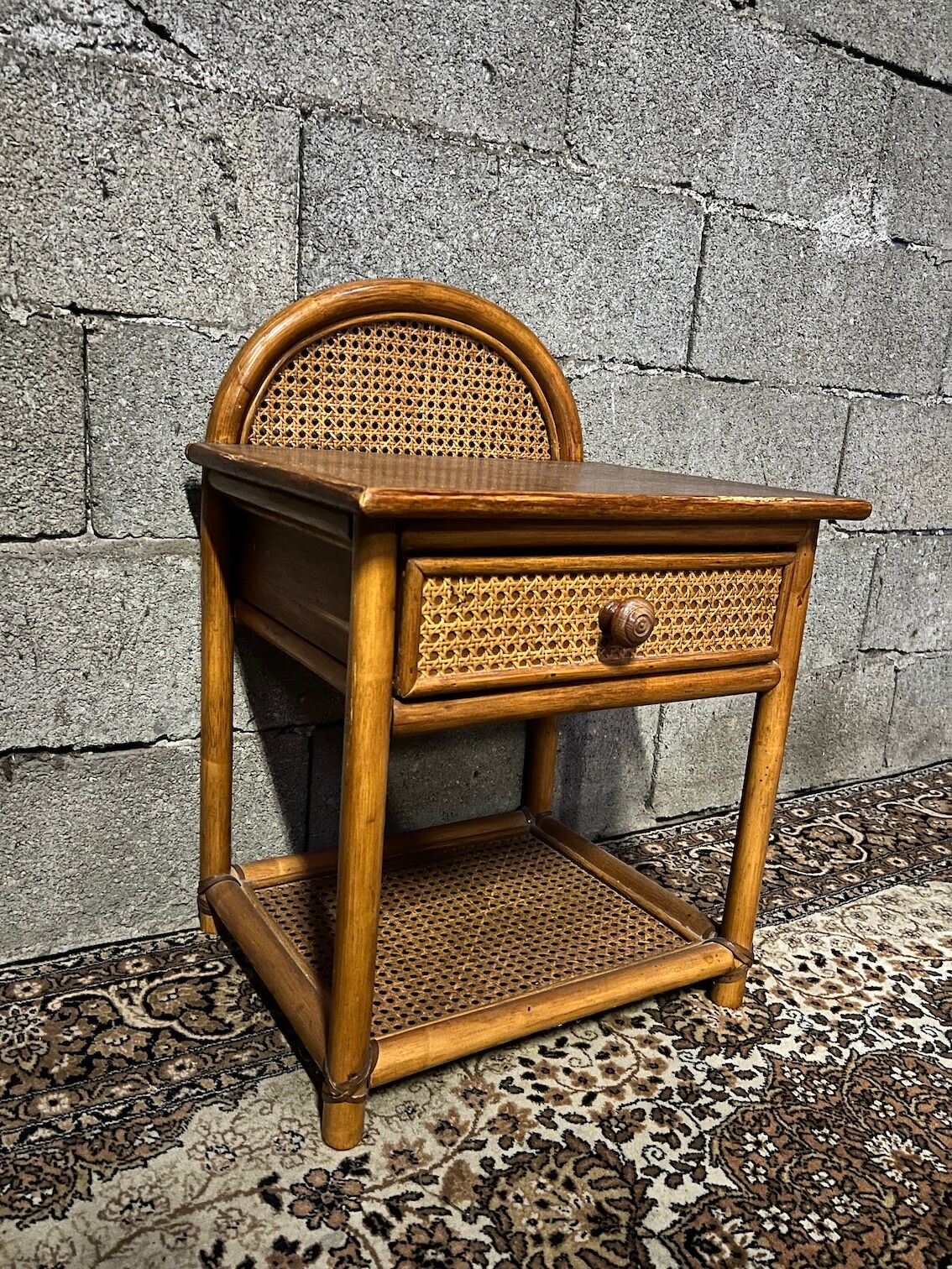 Vintage bedside table in rattan, wood and canning
