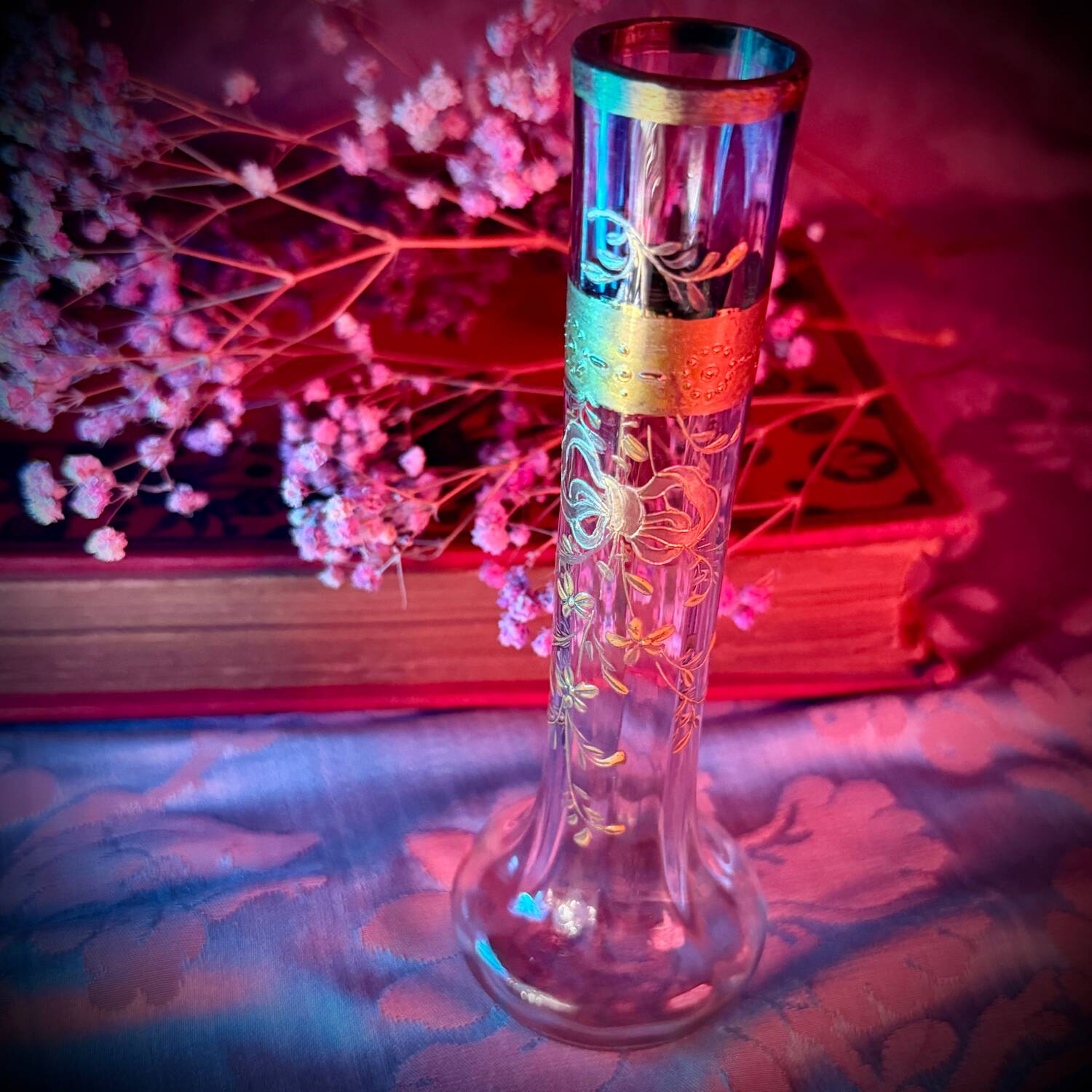 Antique purple tinted glass vase | ribbon/bow and flowers