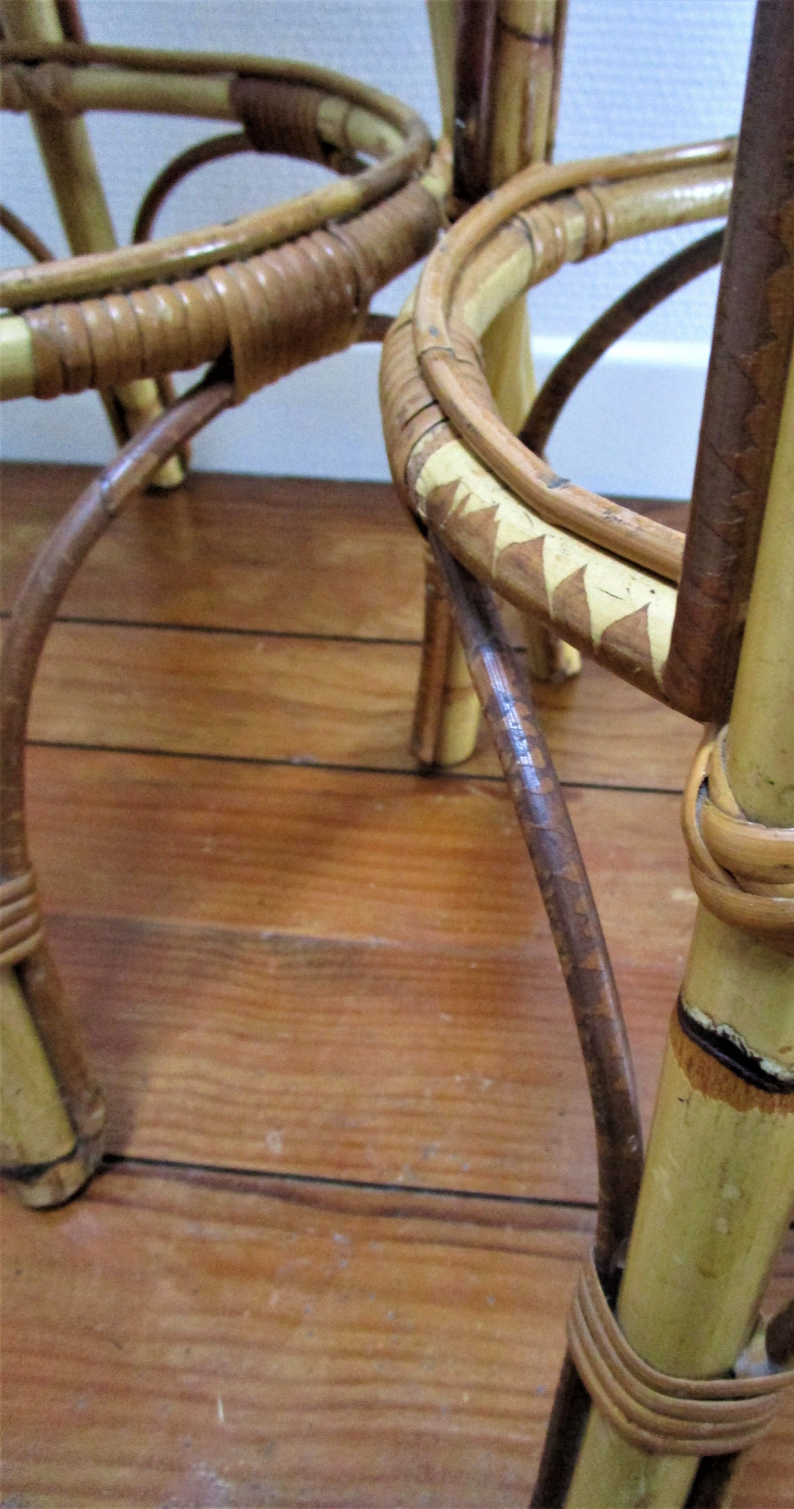 Pair of rattan bar stools and vintage bamboo