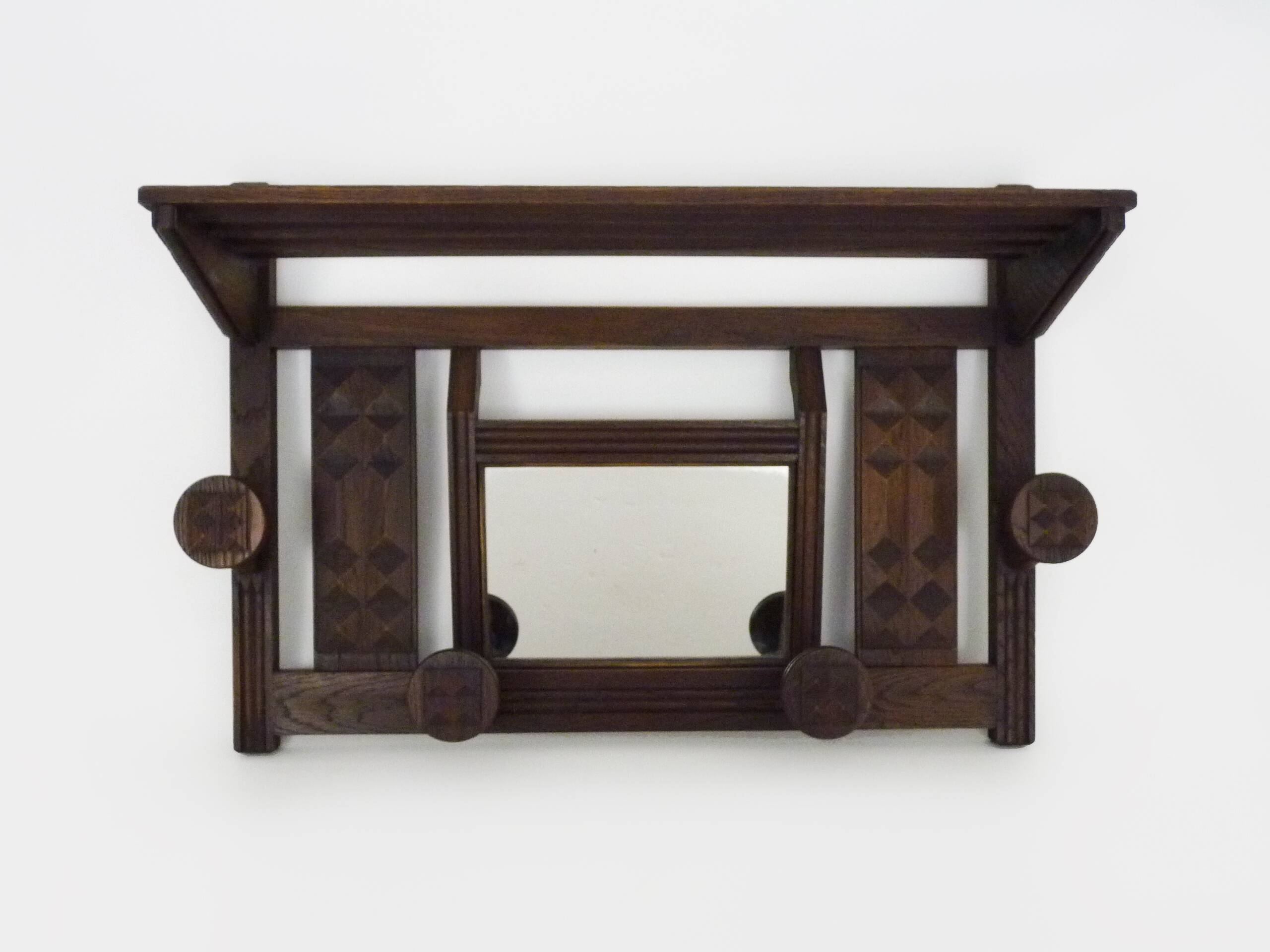 Ancien porte-manteau mural brutaliste avec miroir, 4 patères et un porte chapeau années 60 70