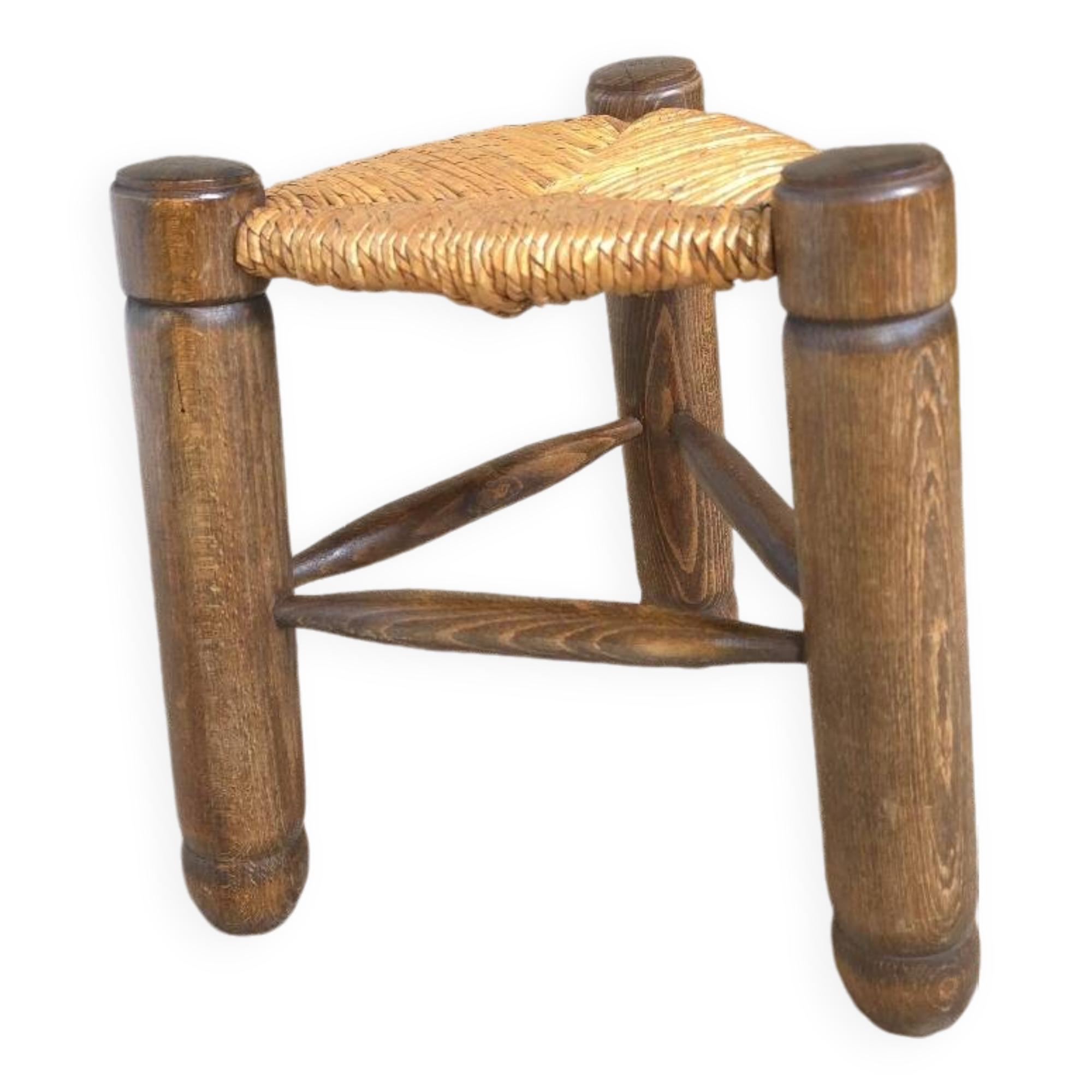 Tabouret bois paille tripode Charles Dudouyt